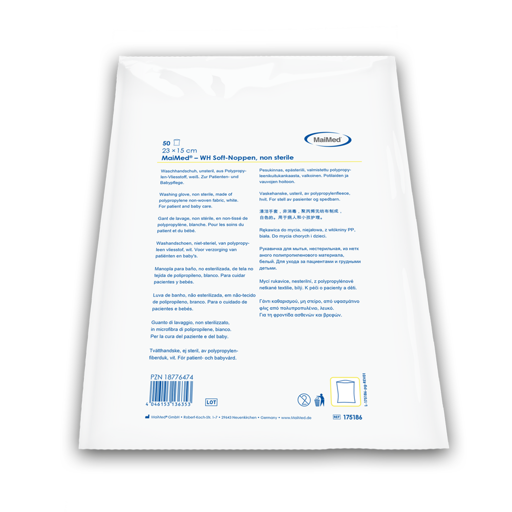 Gant de lavage MaiMed à picots souples, non stériles blanc, en polaire, 50 pièces/sac en polyéthylène | Paquet (50 pièces)