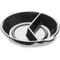 The DF Pearl L2 - 2-part 2 Black PP Ø250x42 from Duni GmbH is a round, two-part black baking dish with a central divider and two side handles for easy handling. It is perfect for the catering industry and is delivered in packs of 300.