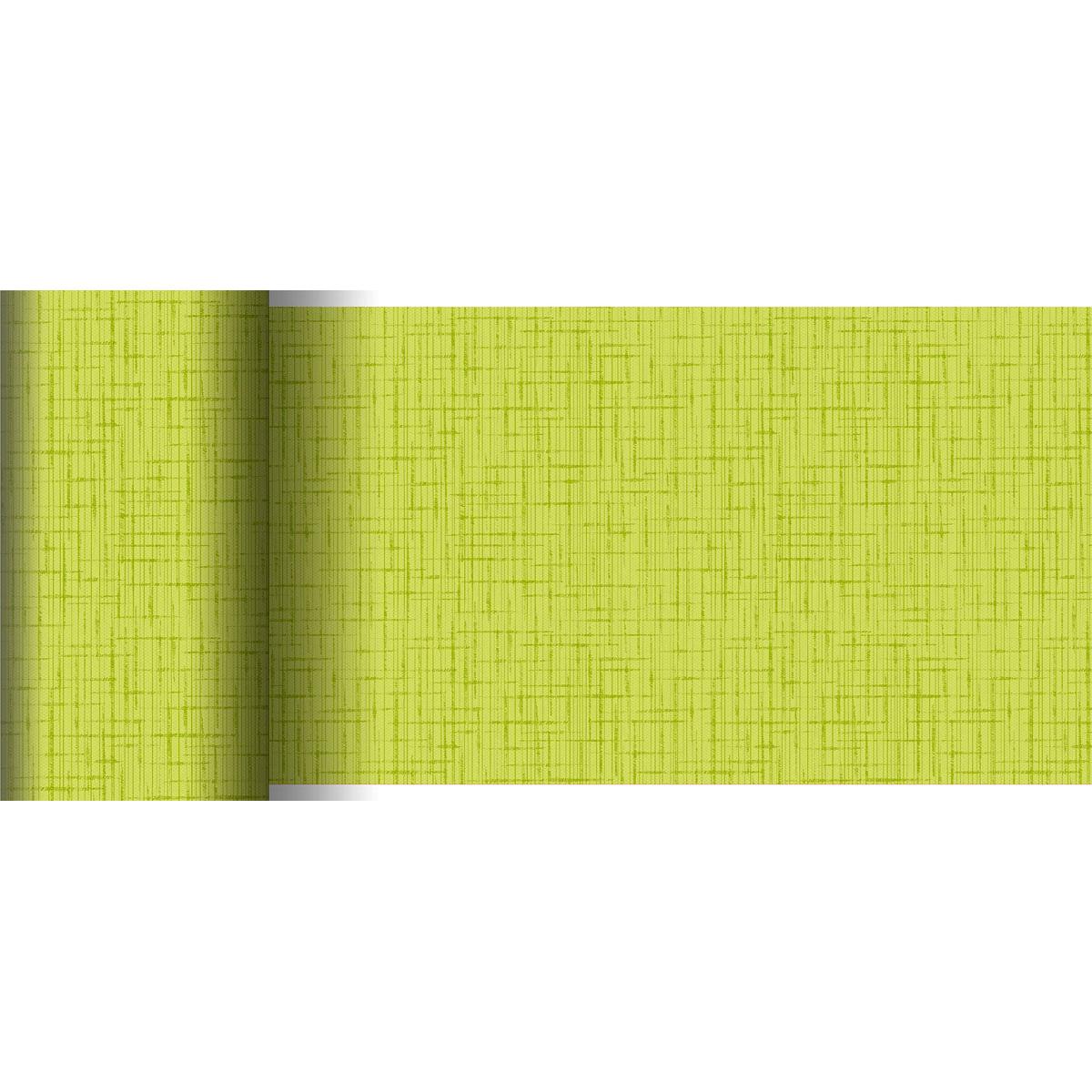 Eine partiell ausgerollte, hellgrüne Tapete mit dezentem Kreuzmuster ähnelt dem Dunicel-Tischläufer 20 m x 15 cm der Duni GmbH und ist mit ihrer gewebten, leinenartigen Struktur ideal für kreative Tischdekorationen.