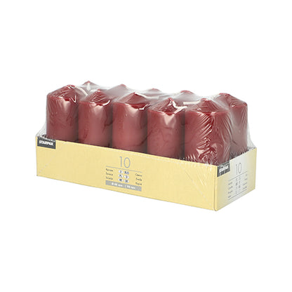 Das Set „Starpak 10 Stumpenkerzen Ø 40 mm · 90 mm“ ist von Starpak, in klarer Folie und rechteckigem Karton mit Etiketten verpackt – perfekt für Hochzeiten oder eine gemütliche Atmosphäre.