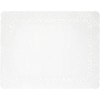 A Duni GmbH Deko-Spitzenpapier 20x30 cm in weiß, aus hochwertigem Bastelpapier, Packung mit 250 Stück, ist rechteckig mit festem Mittelteil und filigranem Spitzenrand und auf schlichtem Hintergrund von oben abgebildet.
