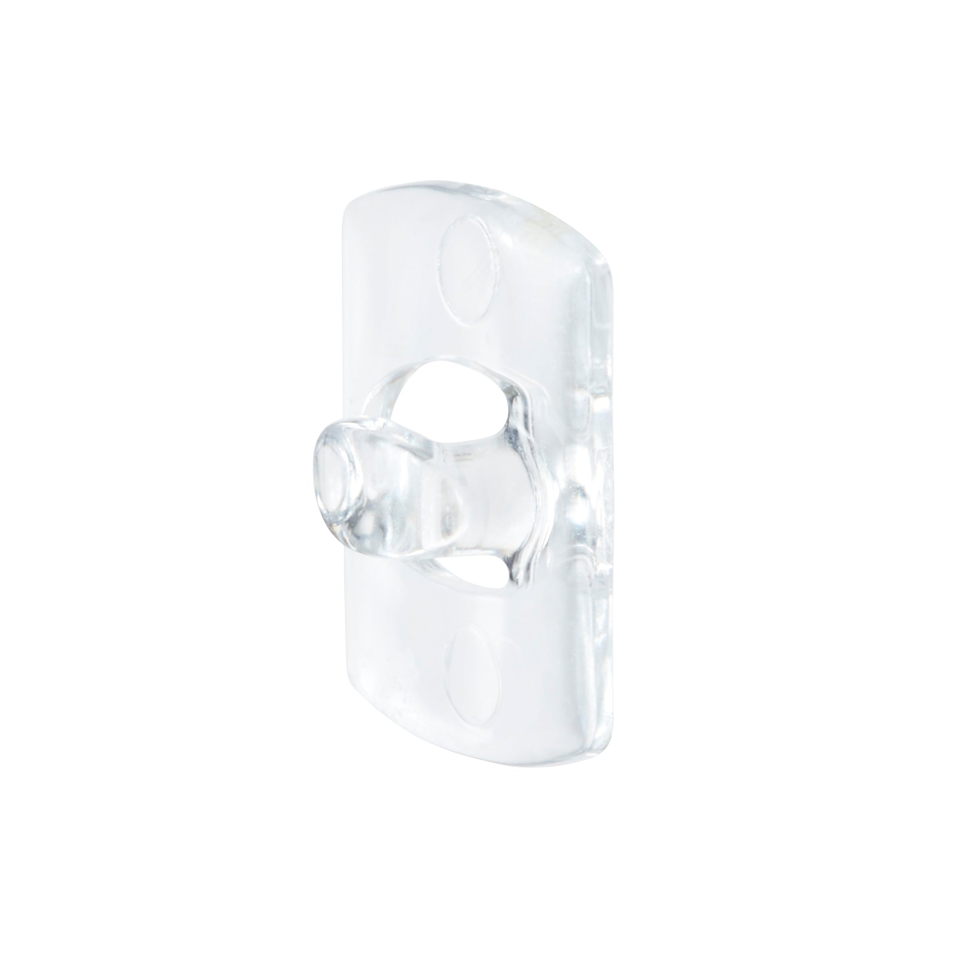 Die Command™ Dekorations-Clips der 3M Deutschland GmbH sind transparente, rechteckige Wandhaken mit einem zentralen, abgerundeten Zapfen und zwei Befestigungslöchern, abgebildet auf weißem Hintergrund, und enthalten transparente Streifen für eine einfache Anbringung.