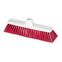Die Nölle Profi-Bürste HACCP Feinbesen 30 cm von Nölle Profi Brush Bürsten- & Pinseltechnik e.K. hat einen weißen Kunststoffkopf, leuchtend rote, steife, nach außen gewinkelte 0,50-mm-Borsten, ein mittiges Loch zur Stielbefestigung und ein Aufhängeloch an einem Ende.