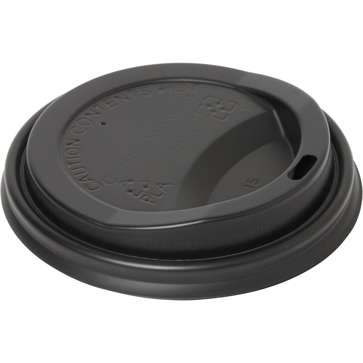 The "Lid for 182576, CPLA Black" from Duni GmbH is biodegradable, suitable for disposable cups, with a drinking opening and raised warning inscription "Caution Contents Hot". Shown from an angled top perspective. Package: 50 pieces.