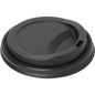 The "Lid for 182576, CPLA Black" from Duni GmbH is biodegradable, suitable for disposable cups, with a drinking opening and raised warning inscription "Caution Contents Hot". Shown from an angled top perspective. Package: 50 pieces.