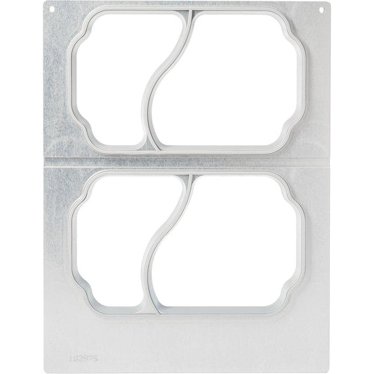 Die Metall-Stanzschablone der Duni GmbH für die Kassette DF15/25 2-Komp. f. PP-Schale Take Away 700/400 ml (2-nutzig) verfügt über zwei rechteckige Rahmen mit geschwungenen Trennstegen und Wellenkanten, ideal für den Verpackungsbedarf in der Gastronomie.