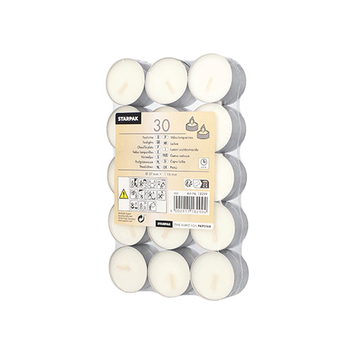 Starpak 30 white tea lights (Ø 37 mm, 16 mm) in aluminum cups, securely packed on a plastic tray in shrink wrap; Label with product information and instructions in multiple languages on top.