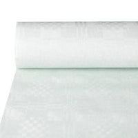 A role PAPSTAR Paper tablecloth with damask embossing, white, 50 m x 1.2 m (roll), by PAPSTAR GmbH, partially rolled out flat.