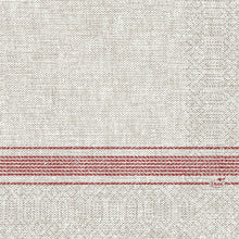 Diese 33 x 33 cm großen, 3-lagigen Zelltuchservietten der Duni GmbH in Cocina bordeaux haben einen beigen Strukturstoff mit roten Querstreifen und dem Schriftzug Duni" in roter Schrift am Rand; Packung enthält 250 Stück.