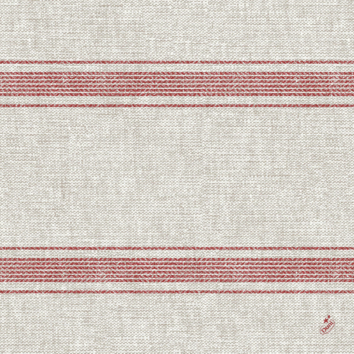 Die Duni GmbH Klassikservietten 40 x 40 cm haben ein beigefarbenes Webmuster, zwei parallele rote Querstreifen und eine kleine rote Stickerei in der rechten unteren Ecke. Das Muster ist einfach und symmetrisch.