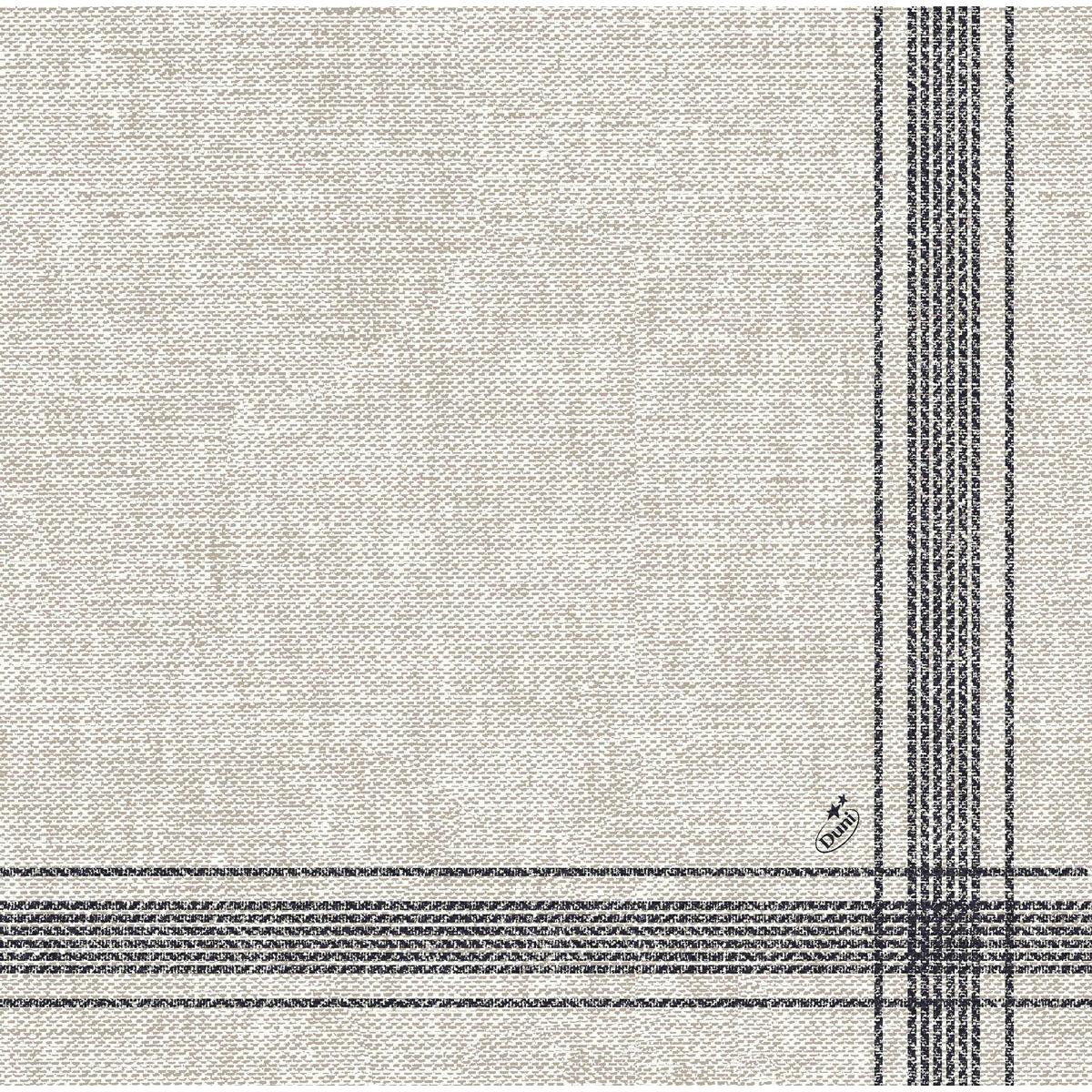 Die beigefarbenen Dunilin-Servietten 40 x 40 cm 1/4 Falz der Duni GmbH sind aus hochwertigem Stoff mit gewebter Struktur und sich kreuzenden schwarzen Gitterlinien an einer Ecke - perfekt für elegante Räume.
