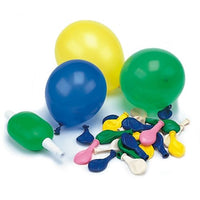 The PAPSTAR GmbH Assorted Colored Balloons Set (Ø 8.5 cm, 50 pieces) with a green pump shows three inflated balloons—yellow, blue, and green—and various uninflated party decoration balloons on a white background.