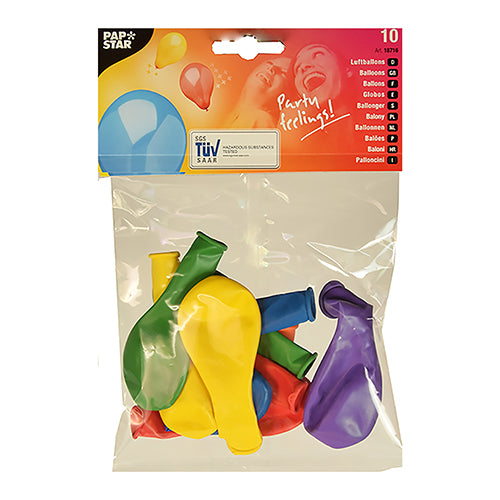 Die PAPSTAR GmbH Luftballons "Rainbow" (Ø 19 cm, bunt sortiert) werden in einer klaren 10er-Packung geliefert. Mit festlichen Ballonmotiven und dem Text "Party feelings!" sind diese unaufgeblasenen Ballons perfekt für jeden Geburtstag oder jede Feier.