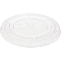 The flat lid with cross-shaped slit for 188004-6 from Duni GmbH is a transparent rPET lid with a raised rim and an X-shaped straw slit, featuring recycling symbols and embossed markings. Package: 50 pieces.