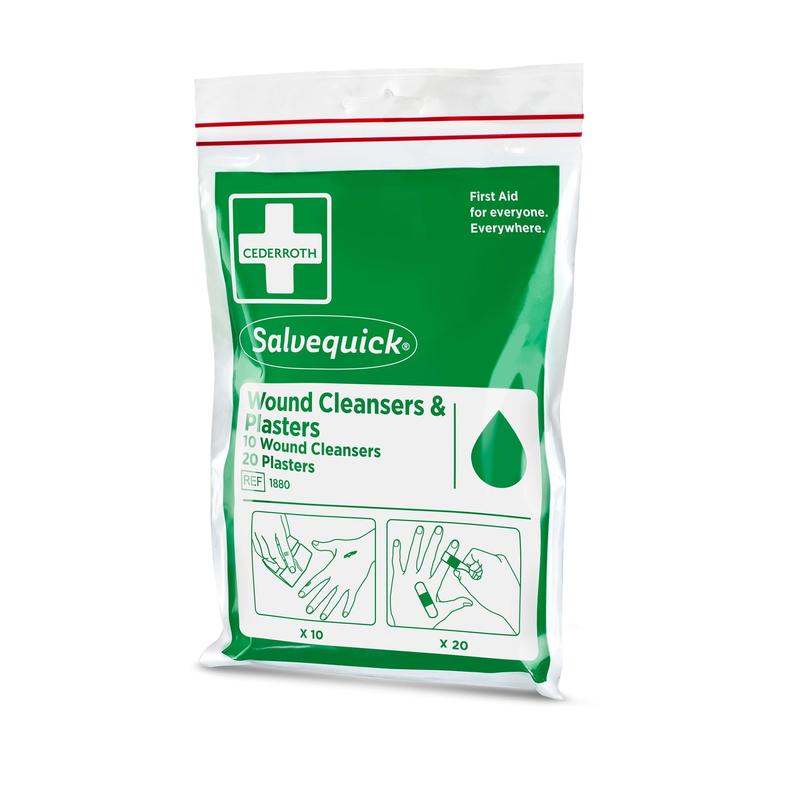 Un ensemble scellé d'Orkla Wound Care AB avec nettoyants pour plaies Salvequick (10 pièces) et pansements (20 pièces) dans un sac à fermeture éclair - idéal pour les déplacements, avec des instructions illustrées sur l'emballage.