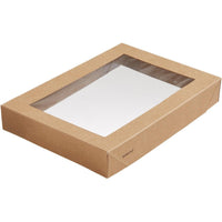 Il coperchio Viking Brick con finestra in PLA della Duni GmbH è una semplice scatola di cartone marrone di forma rettangolare (200x140x30 mm) dotata di una finestra trasparente in PLA e di una piccola etichetta “ecocraft” su un angolo; confezione da 300 pezzi, biodegradabile.