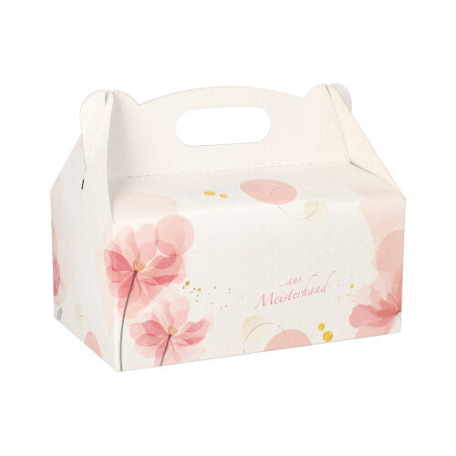 The PAPSTAR 20 pastry boxes (cardboard, square, pink) from PAPSTAR GmbH feature a practical carrying handle and a pink floral design with gold accents – ideal for the elegant presentation of gifts on a light background.