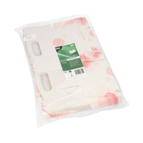 A transparent package contains 20 PAPSTAR pastry boxes, square pink with carrying handle. The white boxes are printed with pink and peach floral motifs, providing an elegant presentation. On the front is a green label from PAPSTAR GmbH.