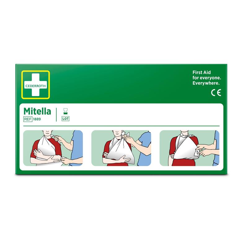 Una scatola verde con la scritta "Fascia triangolare, 2 pezzi/cartone" di Orkla Wound Care AB mostra tre passaggi illustrati per l'uso della fascia triangolare come fascia per il braccio. Ideale per il primo soccorso nelle lesioni sportive: "Primo soccorso per tutti. Ovunque.
