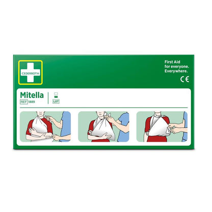 Una scatola verde con la scritta "Fascia triangolare, 2 pezzi/cartone" di Orkla Wound Care AB mostra tre passaggi illustrati per l'uso della fascia triangolare come fascia per il braccio. Ideale per il primo soccorso nelle lesioni sportive: "Primo soccorso per tutti. Ovunque.