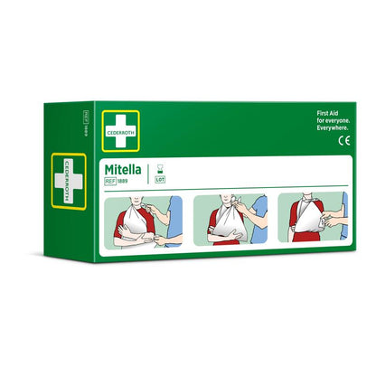 Una scatola verde e bianca di Orkla Wound Care AB con la scritta "Fascia triangolare, 2 pezzi/cartone" con illustrazioni per l'uso come fascia per il braccio nelle lesioni sportive; con pittogrammi, istruzioni e un simbolo di croce bianca.