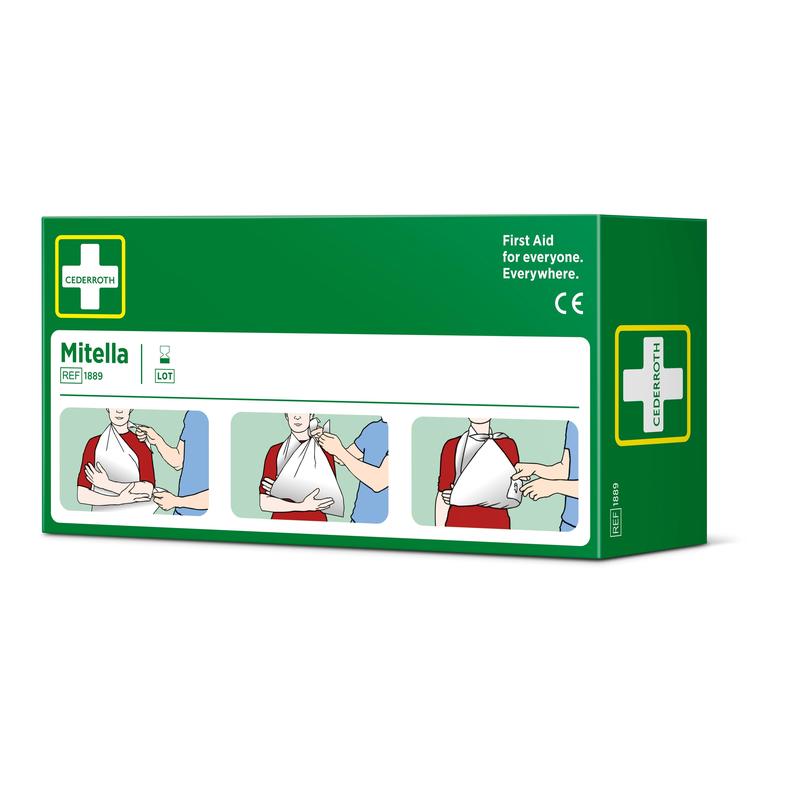 Una scatola verde con la scritta "Fascia triangolare, 2 pezzi/cartone | Confezione (2 pezzi)" di Orkla Wound Care AB mostra tre passaggi per l'uso di una fascia triangolare come fascia per il braccio su una persona con una camicia rossa, con una croce bianca e dettagli di primo soccorso.