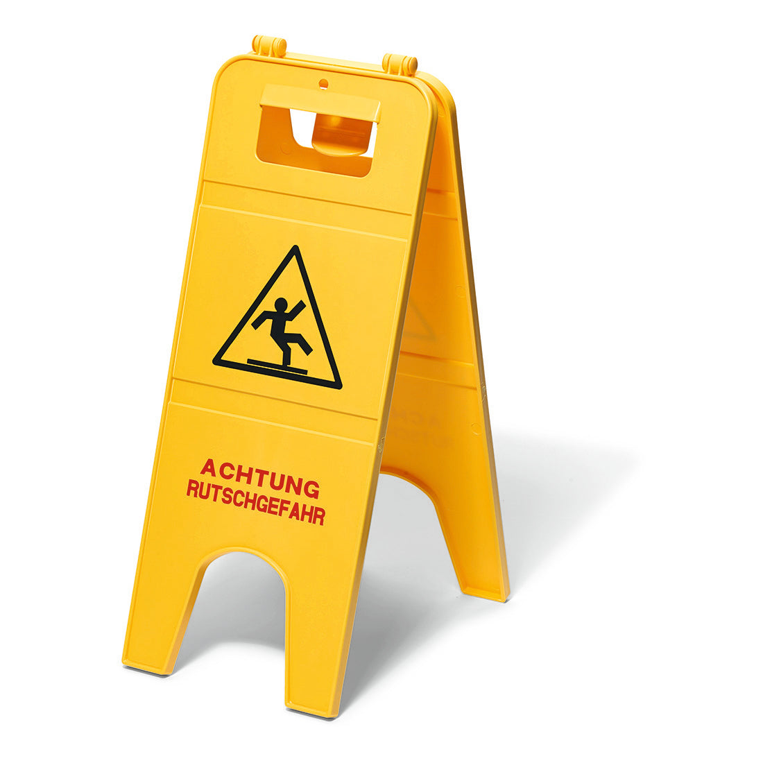 Das Nölle Profi Brush Warnschild aus stabilem Kunststoff (60 cm) mit rutschender Person und rotem "ACHTUNG RUTSCHGEFAHR"-Hinweis warnt auf weißem Hintergrund zuverlässig vor glatten Böden.