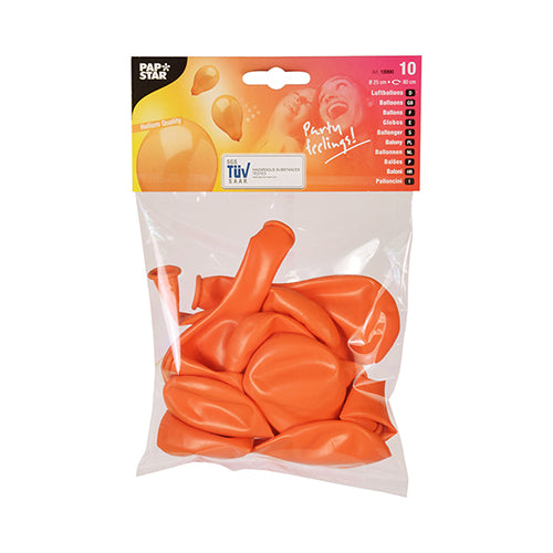 Eine Klarsichtverpackung der PAPSTAR GmbH enthält 10 orangefarbene Latex-Luftballons (Ø 25 cm) mit einem rot-orangenen Etikett mit Marke, Produktdetails und Ballonbildern – ideal zur Dekoration.