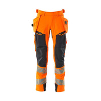 Pants with hanging pockets, ULTIMATE STRETCH pants, hi-vis orange/black-blue