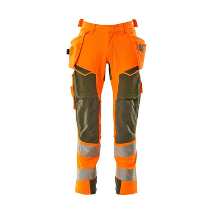 Pantaloni con tasche appese, pantaloni ULTIMATE STRETCH, arancione ad alta visibilità/verde muschio
