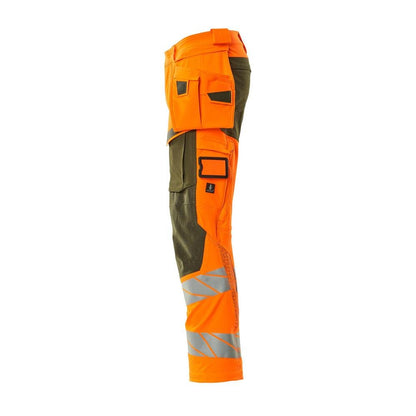 Pantaloni con tasche appese, pantaloni ULTIMATE STRETCH, arancione ad alta visibilità/verde muschio