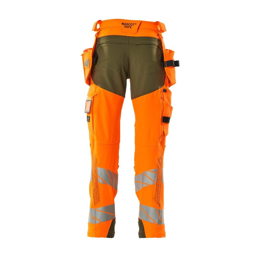 Pantaloni con tasche appese, pantaloni ULTIMATE STRETCH, arancione ad alta visibilità/verde muschio