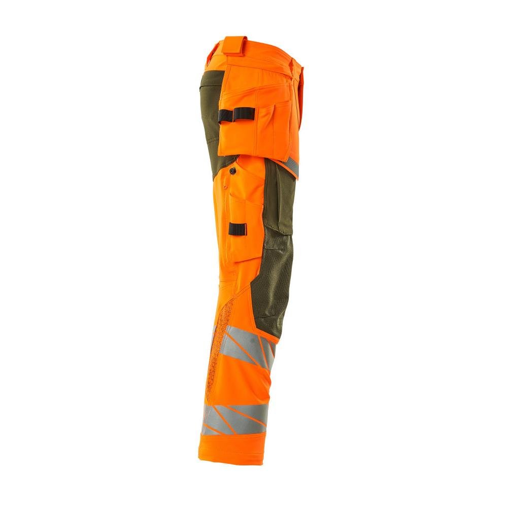 Pantaloni con tasche appese, pantaloni ULTIMATE STRETCH, arancione ad alta visibilità/verde muschio