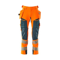 Pants with hanging pockets, ULTIMATE STRETCH pants, hi-vis orange/dark petroleum