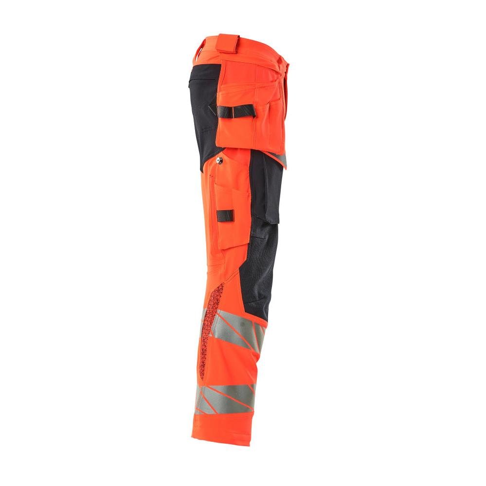 Pants with hanging pockets, ULTIMATE STRETCH pants, Hi-vis red/black-blue