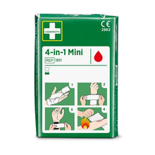 Eine grüne Packung mit der Aufschrift "Cederroth 4-in-1 mini blutstopper" von Orkla Wound Care AB, die Symbole mit vier illustrierten Schritten zum Verbinden von Hand- oder Armwunden, einschließlich Verbrennungen, enthält. Ein Stück pro Packung.