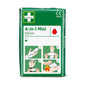 Eine grüne Packung mit der Aufschrift "Cederroth 4-in-1 mini blutstopper" von Orkla Wound Care AB, die Symbole mit vier illustrierten Schritten zum Verbinden von Hand- oder Armwunden, einschließlich Verbrennungen, enthält. Ein Stück pro Packung.