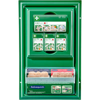 The Cederroth mini first-aid panel from Orkla Wound Care AB is a green, wall-mounted first-aid kit containing 4-in-1 mini bandages and Salvequick adhesive bandages in labeled compartments for easy access.