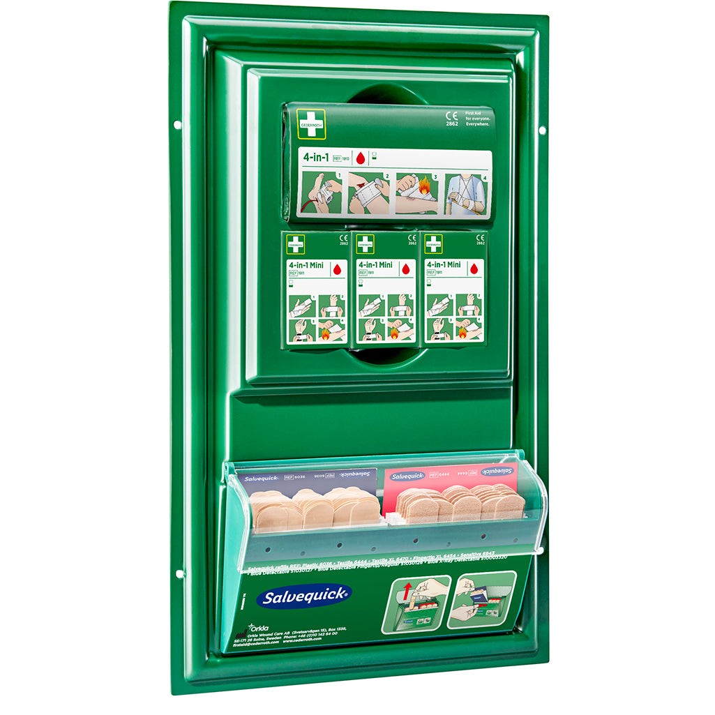The Cederroth mini first aid panel by Orkla Wound Care AB is a green, wall-mounted first aid station with an illustrated guide, compartments for consumables, and a transparent cover with Salvequick adhesive bandages.