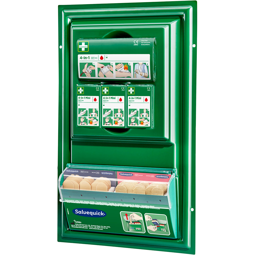 The Cederroth mini first aid panel by Orkla Wound Care AB is a green, wall-mounted first aid station with compartments for bandages and plasters. It features an illustrated guide above a transparent box with various adhesive bandages.