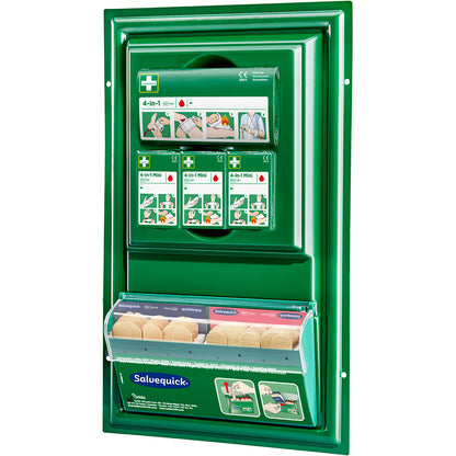 The Cederroth mini first aid panel by Orkla Wound Care AB is a green, wall-mounted first aid station with compartments for bandages and plasters. It features an illustrated guide above a transparent box with various adhesive bandages.