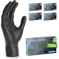 À gauche se trouve un gant jetable noir « ARNOMED LATEX BLACK » de la société ARNOWA GmbH. À droite, on aperçoit cinq boîtes contenant des gants en latex noirs non poudrés de différentes tailles ; la plus grande, située à l'avant, contient 100 gants de taille M.