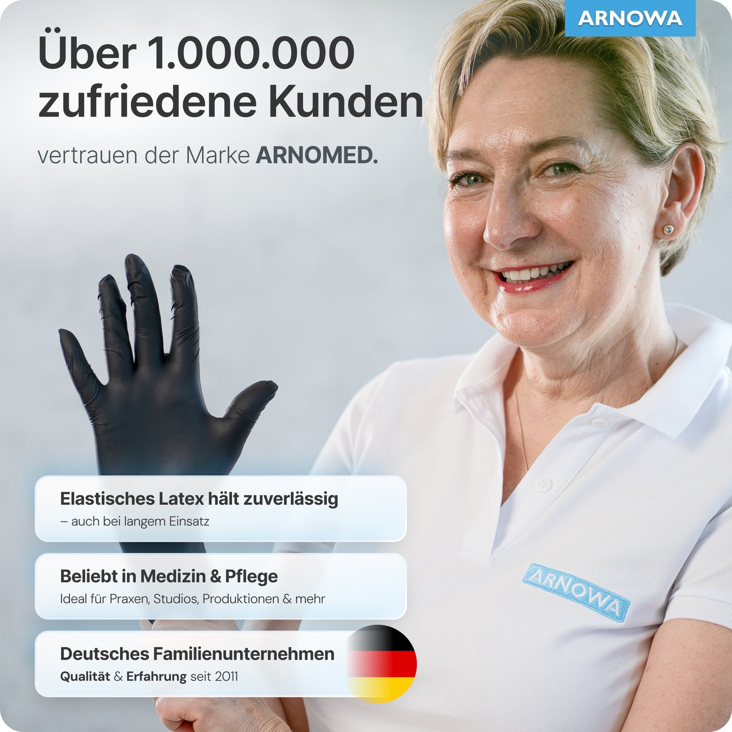 Eine lächelnde Frau in einem weißen Polo und einem ARNOMED LATEX BLACK Puderfreien Einmalhandschuh der ARNOWA GmbH gestikuliert, wobei der deutsche Text die Zuverlässigkeit und die vielseitigen Einsatzmöglichkeiten der Handschuhe in vielen Bereichen hervorhebt.