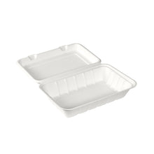 Die weiße BioPak Menübox 850 ml der Duni GmbH aus Bagasse (239x156x63 mm) zeigt sich geöffnet mit anhängendem Deckel und gibt den Blick auf den leeren Innenraum frei - eine umweltfreundliche Einwegverpackung ideal für Speisen zum Mitnehmen. Packung: 60 Stück.