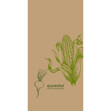 Eine Abbildung von Mais und einem Wurzelgemüse auf hellbraunem Grund mit "ecoecho 100% kompostierbar" darunter hebt die Duni GmbH Zelltuchservietten 40 x 40 cm, 2-lagig, 1/8 Buchfalz Veggies, Packung (300 Stück) hervor.