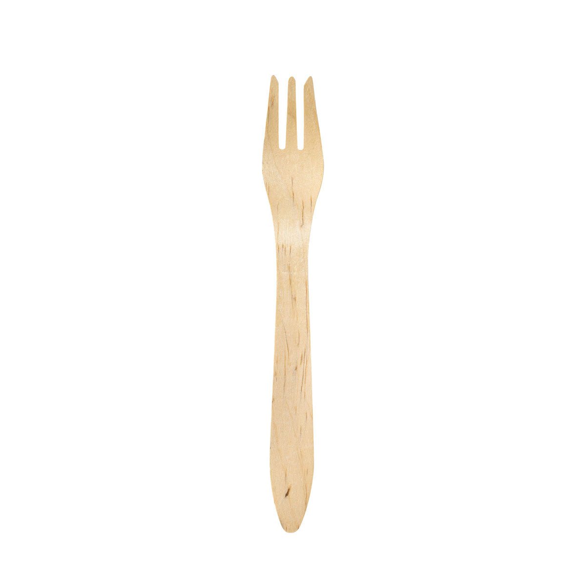 Una singola forchetta Duni GmbH di 190 mm, in legno cerato, sta in piedi su uno sfondo bianco - un esempio minimalista di posate monouso sostenibili (confezione: 100 pezzi).