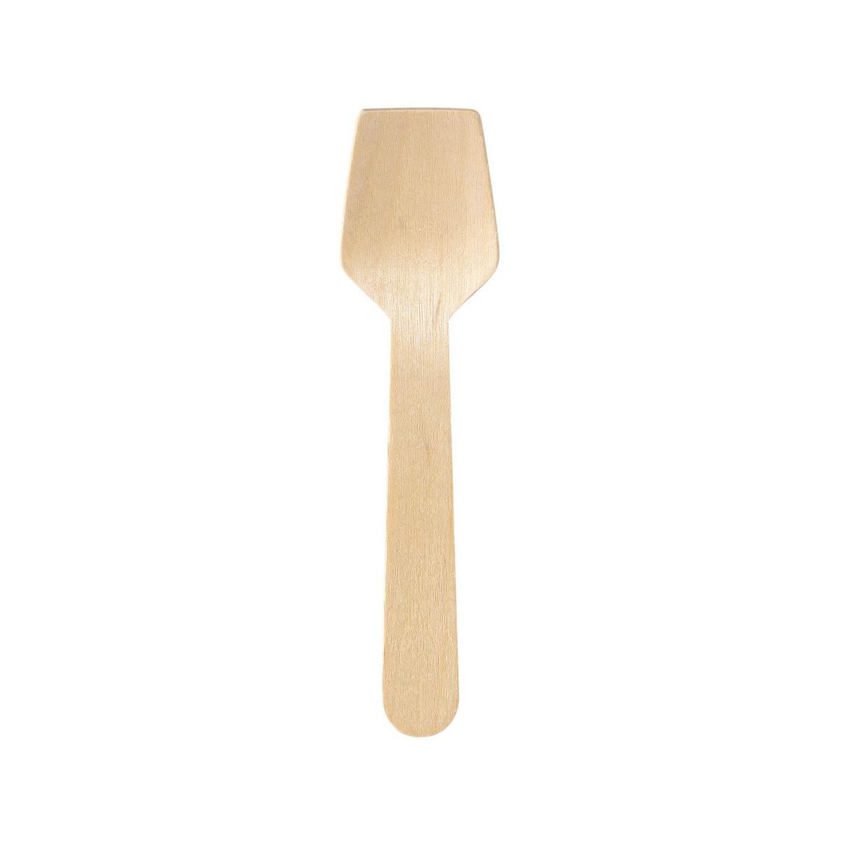 The Duni GmbH ice cream spoon 95 mm, unwaxed natural wood is characterized by a flat, wide, angular tip that combines the shapes of a spatula and a spoon. Pictured on a white background. Package: 100 pieces.
