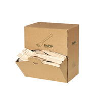 Une boîte distributrice de la société Duni GmbH portant la mention « Fourchette en bois 160 mm, cirée naturelle » contient 300 fourchettes en bois, dont certaines de ces fourchettes écologiques dépassent de l'ouverture située à l'avant de la boîte.