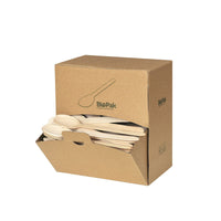 Une boîte en carton marron intitulée « Cuillères en bois 160 mm, boîte distributrice Natural cirée 160 | Paquet (300 pièces) » de la société Duni GmbH contient des cuillères en bois écologiques, dont certaines sont visibles grâce à la face avant ouverte. La boîte présente une illustration simple représentant une cuillère.