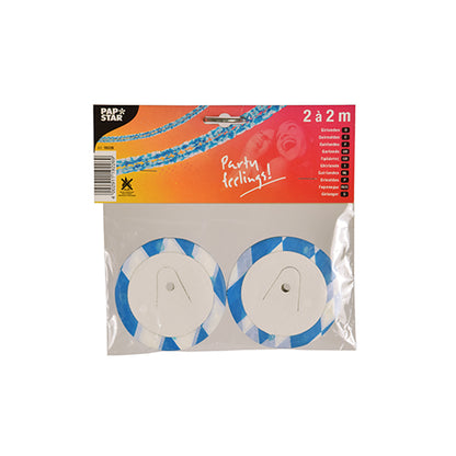 Un pacchetto con due ghirlande di carta a strisce blu e bianche (PAPSTAR GmbH), ciascuna arrotolata con nucleo bianco e la scritta "Sensazioni di festa!", misura 2 x 2 metri. In alto a sinistra è raffigurato il logo PAPSTAR.